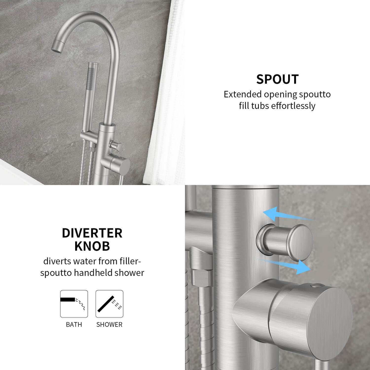 freestanding tub filler with diverter knob and dual water outlet system
