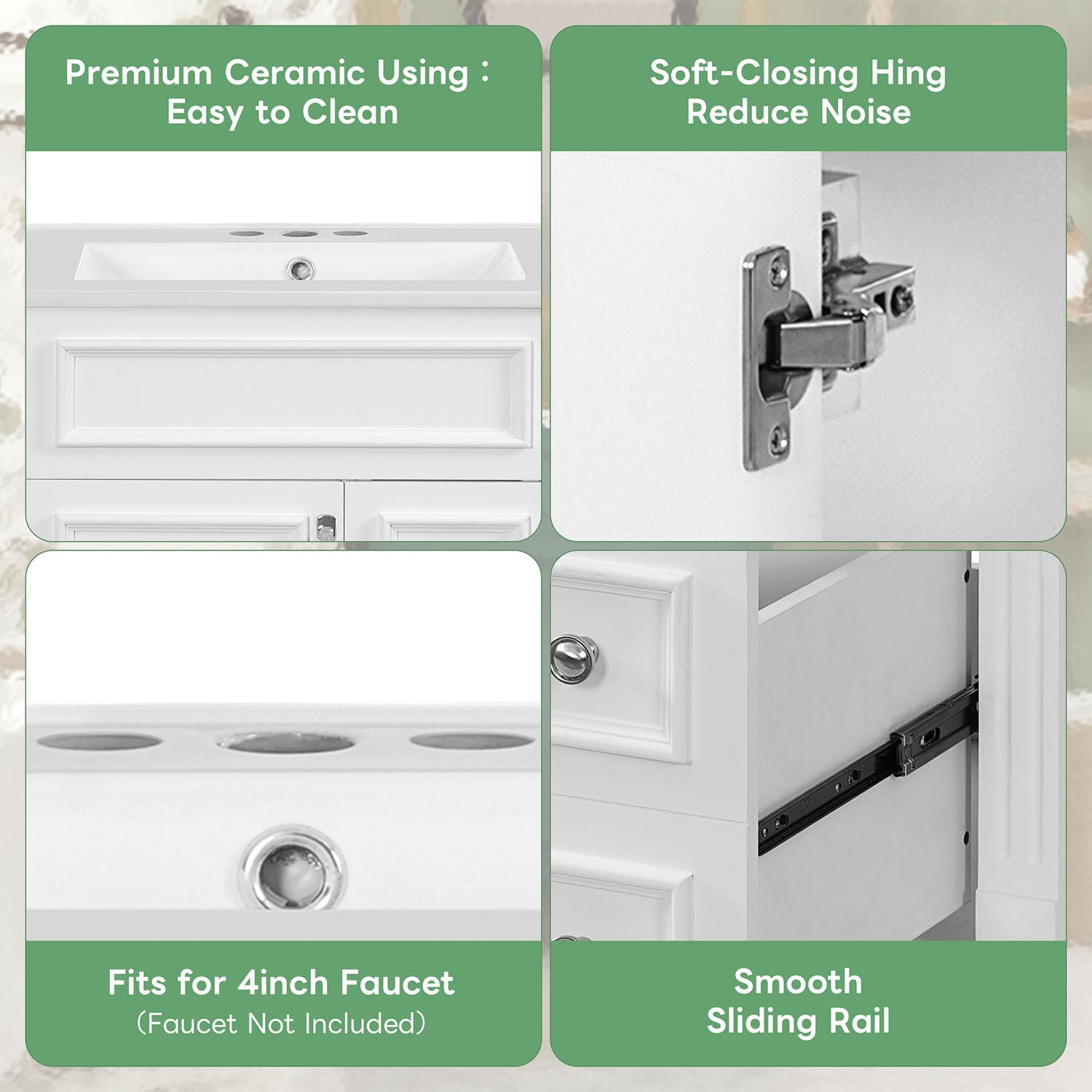 freestanding vanity with soft close drawers and premium ceramic
