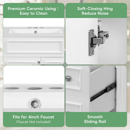 freestanding vanity with soft close drawers and premium ceramic