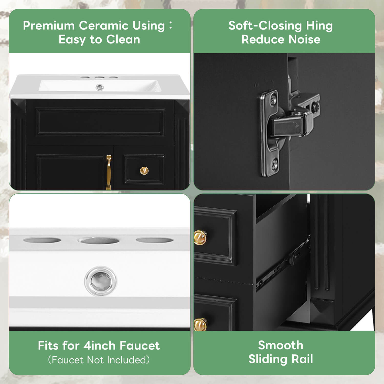 freestanding vanity with soft close hinges and smooth gliding drawers