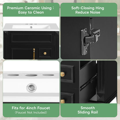 freestanding vanity with soft close hinges and smooth gliding drawers