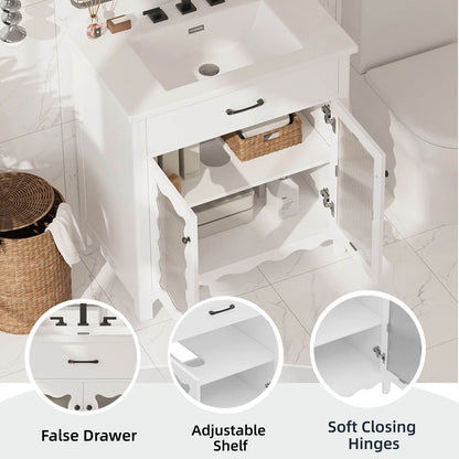 freestanding white vanity cabinet with ceramic basin and storage