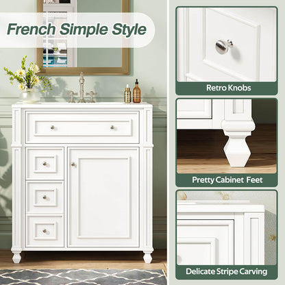 french inspired white bathroom vanity with carved details and curved legs