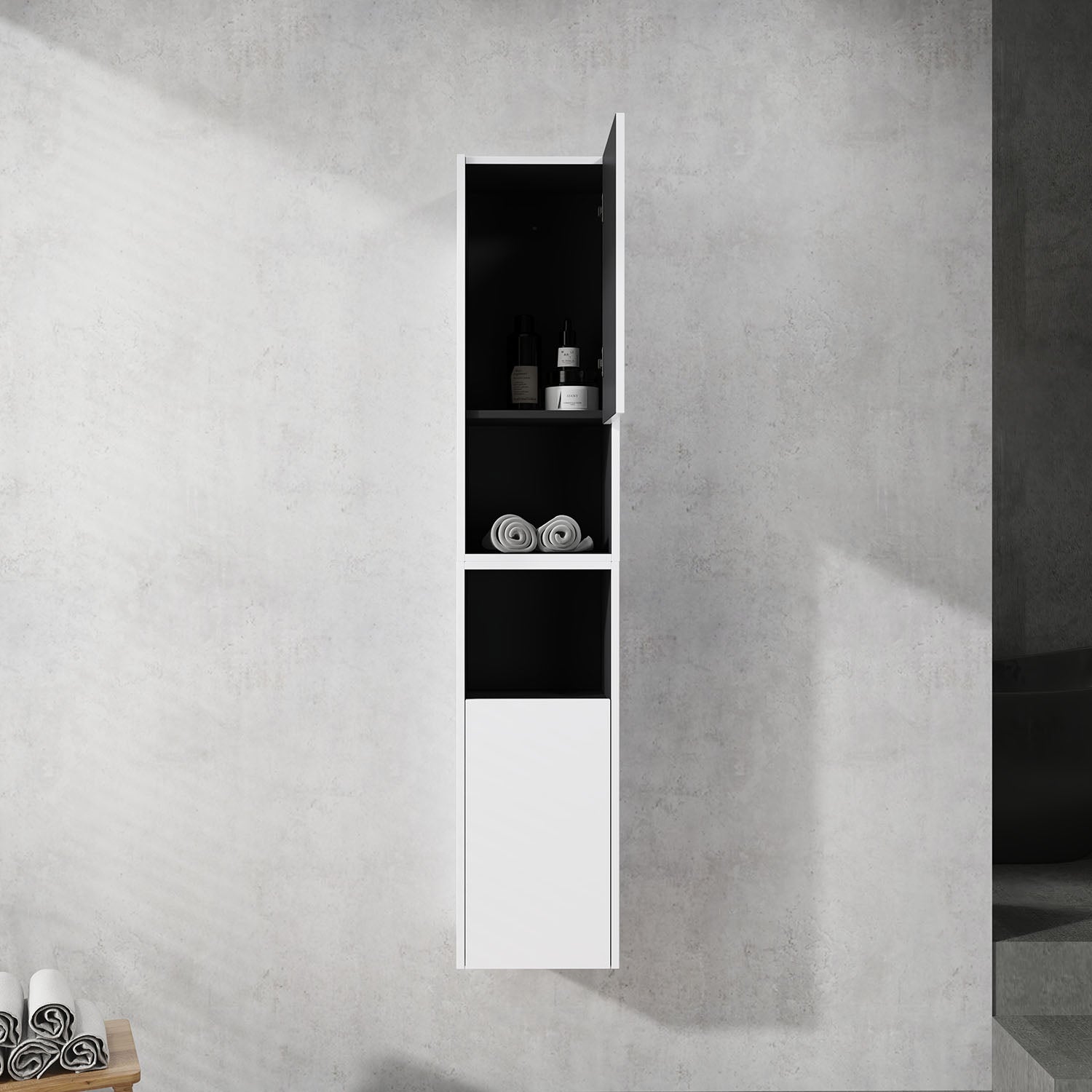 front view of 24 inch White Bathroom Wall Cabinet with Soft Close Doors and Open Shelves