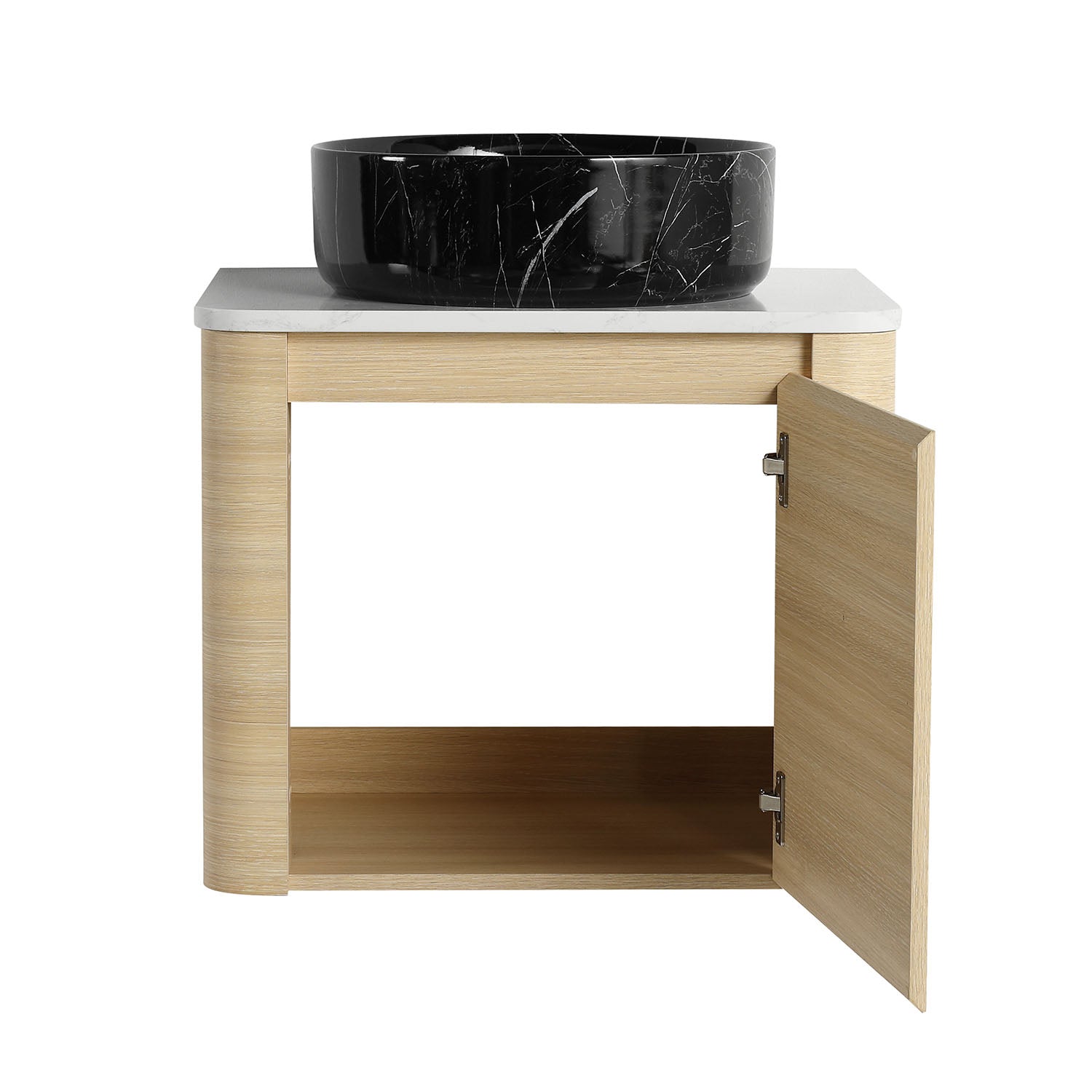 front view of 24 inch White Oak Bathroom Vanity with Black Marble Texture Ceramic Vessel Sink