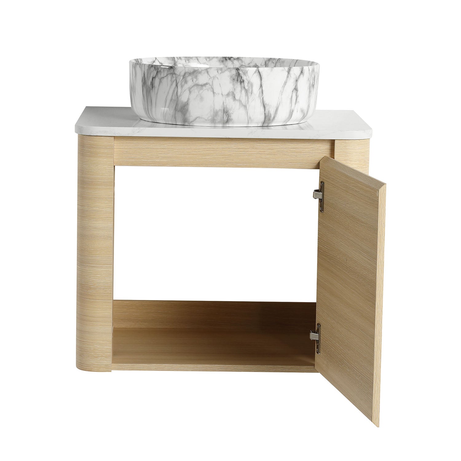 front view of 24 inch White Oak Bathroom Vanity with Marble Pattern Ceramic Vessel Sink
