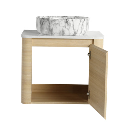 front view of 24 inch White Oak Bathroom Vanity with Marble Pattern Ceramic Vessel Sink