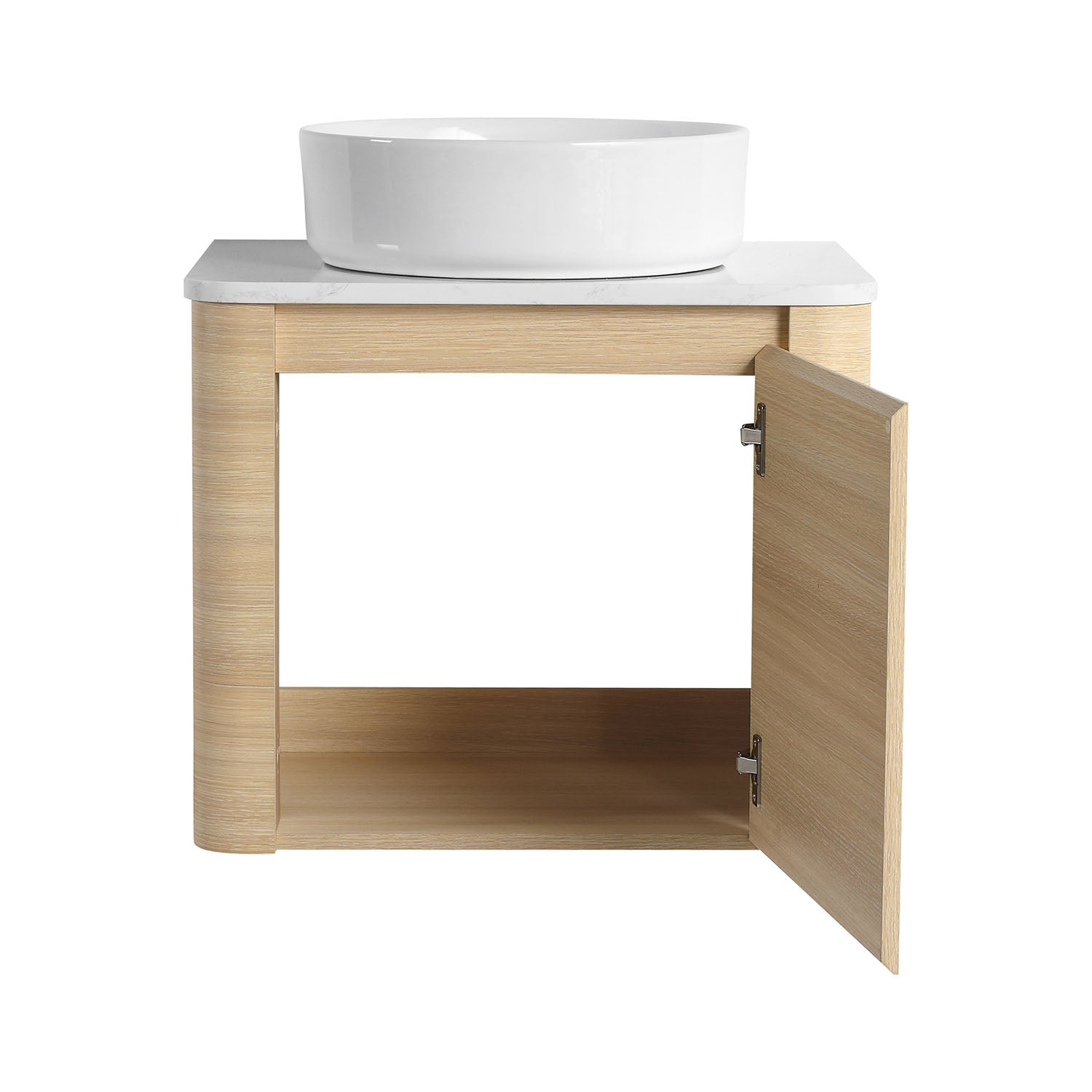 front view of 24 inch White Oak Bathroom Vanity with White Ceramic Vessel Sink