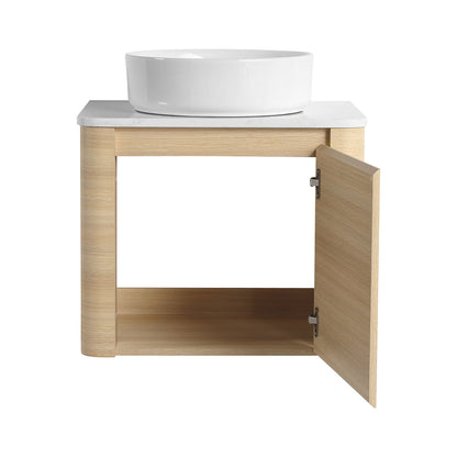 front view of 24 inch White Oak Bathroom Vanity with White Ceramic Vessel Sink