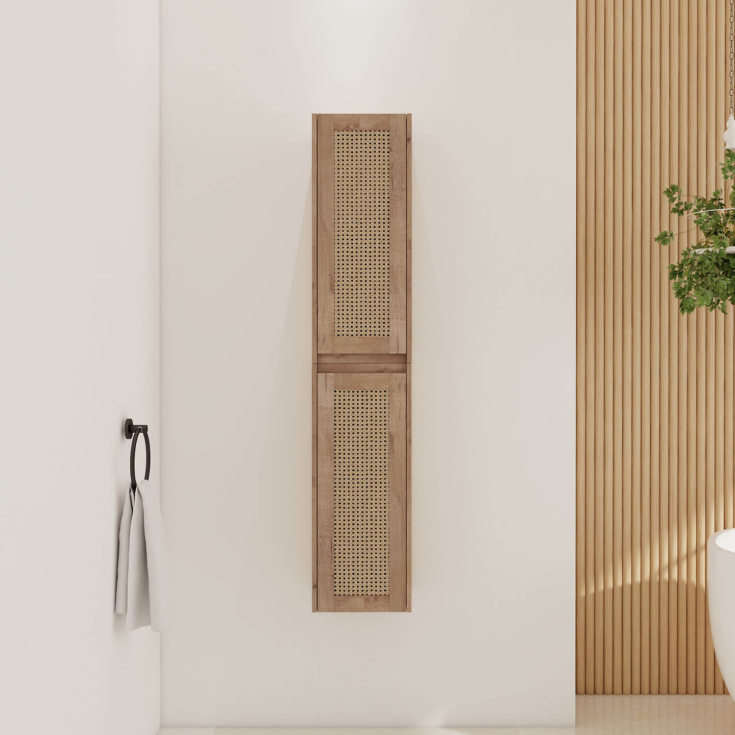 front view of 24 inch White Oak Bathroom Wall Cabinet with Rattan Door and Shelves