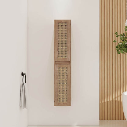 front view of 24 inch White Oak Bathroom Wall Cabinet with Rattan Door and Shelves