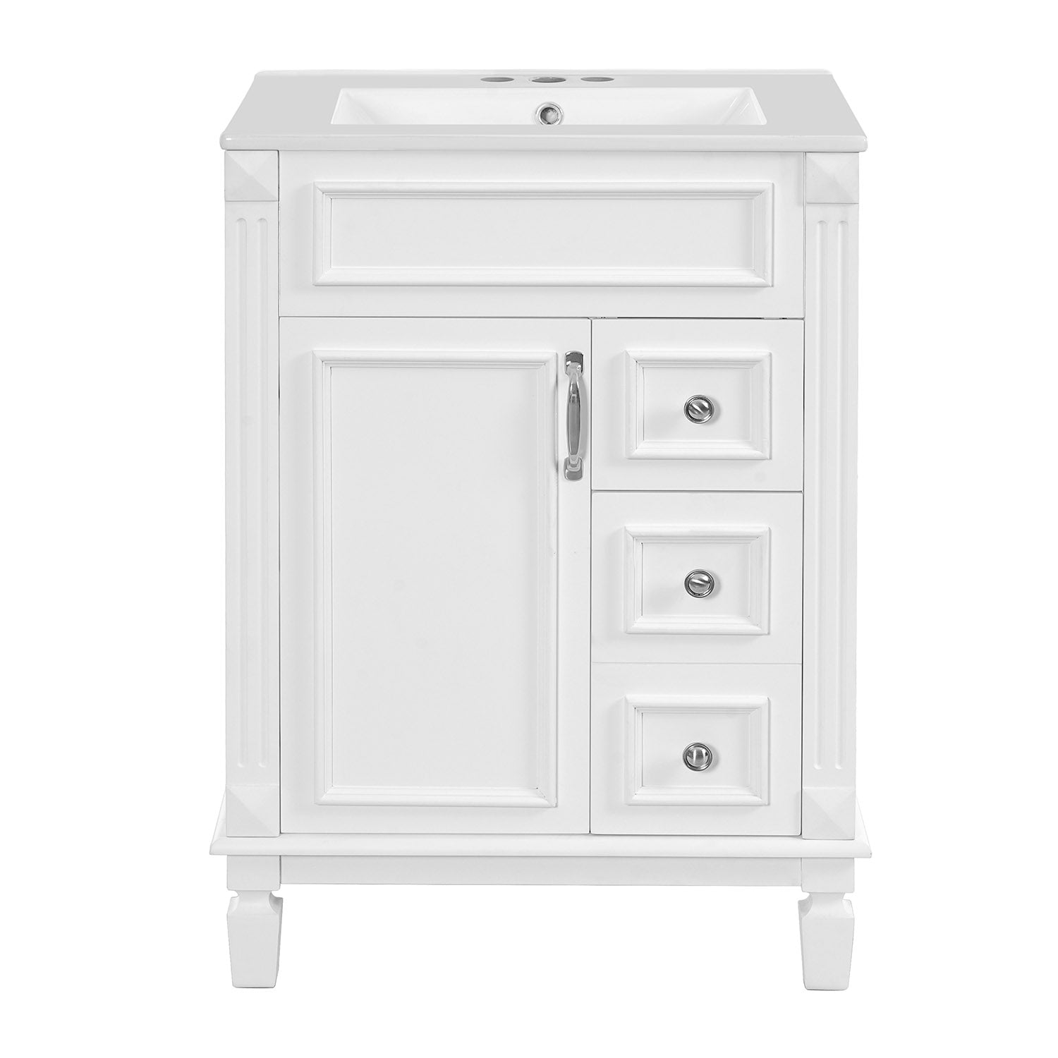 front view of 24 inch bathroom vanity with ceramic basin
