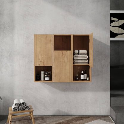 front view of 36 inch White Oak Bathroom Wall Cabinet with Soft Close Doors and Open Shelves