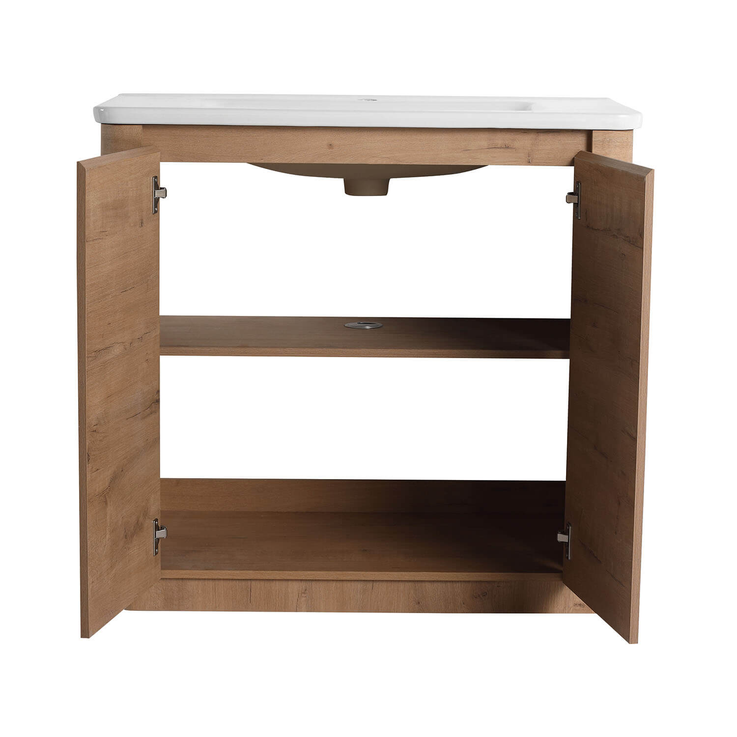 front view of 36 inch White Oak Freestanding Bathroom Vanity with White Ceramic Sink