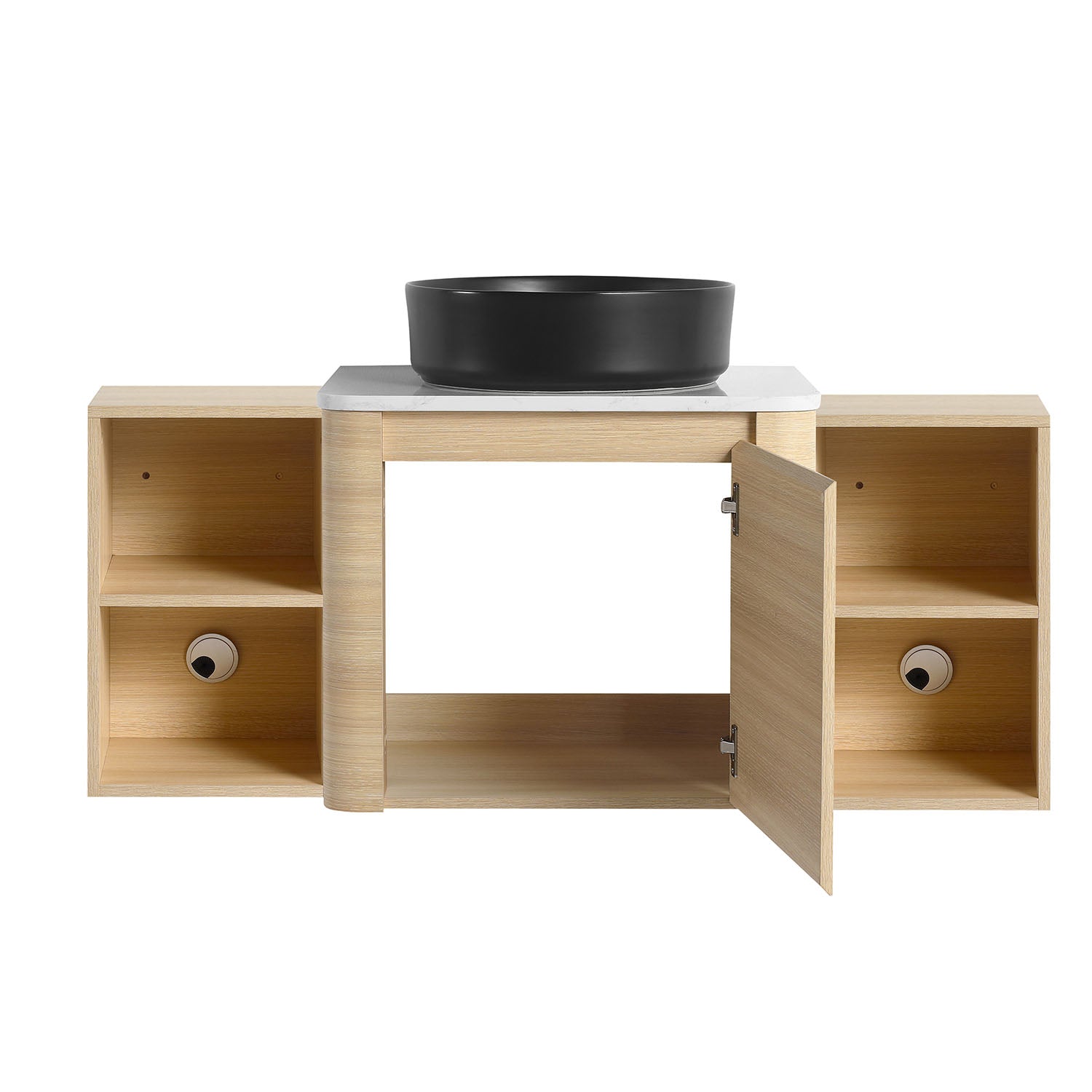 front view of 48 inch White Oak Bathroom Vanity with Black Ceramic Vessel Sink and Two Open Shelves