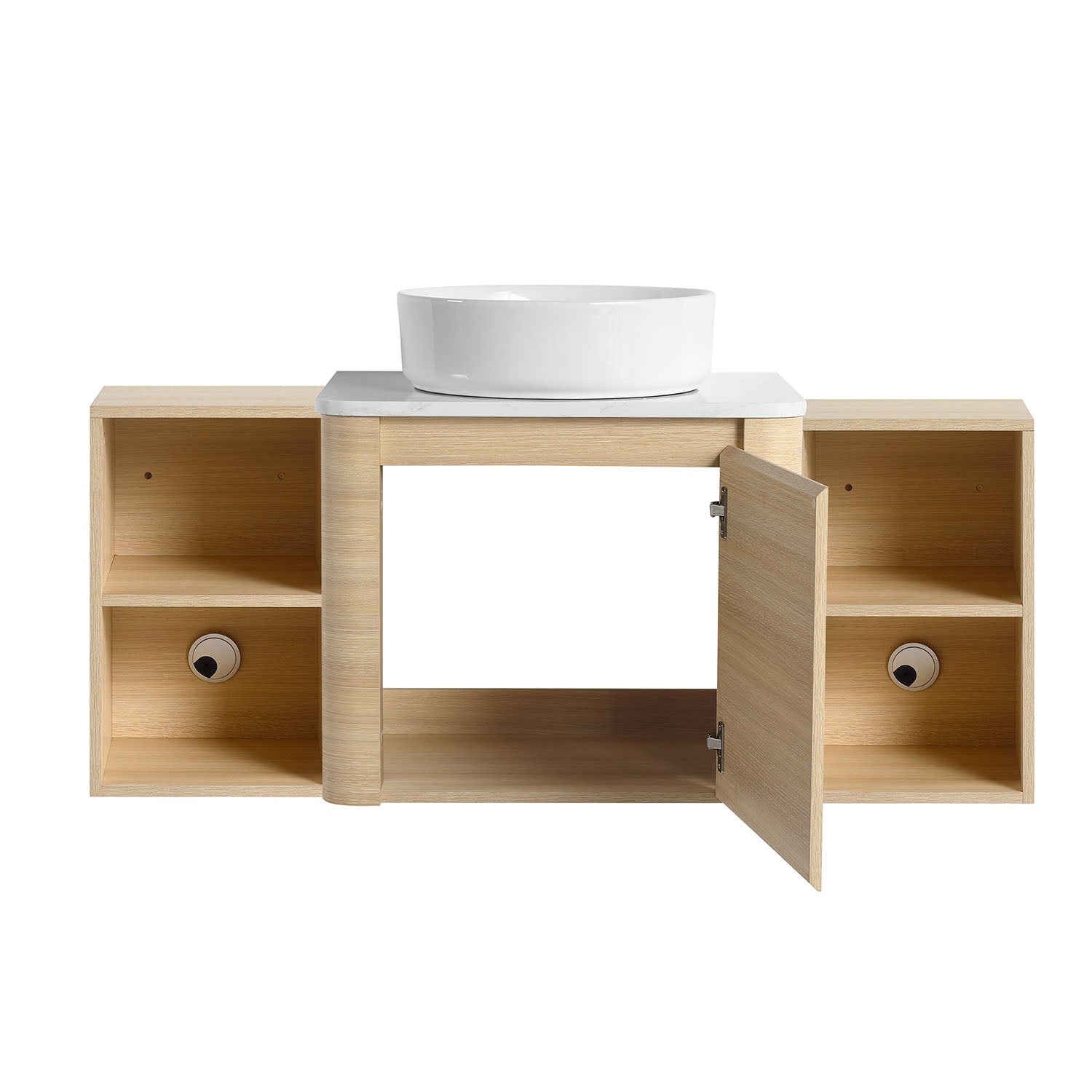 front view of 48 inch White Oak Bathroom Vanity with White Ceramic Vessel Sink and Two Open Shelves