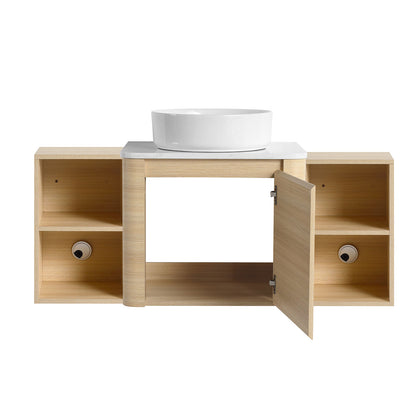 front view of 48 inch White Oak Bathroom Vanity with White Ceramic Vessel Sink and Two Open Shelves