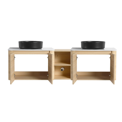 front view of 72 inch White Oak Bathroom Vanity with Double Black Ceramic Sink and Open Shelves
