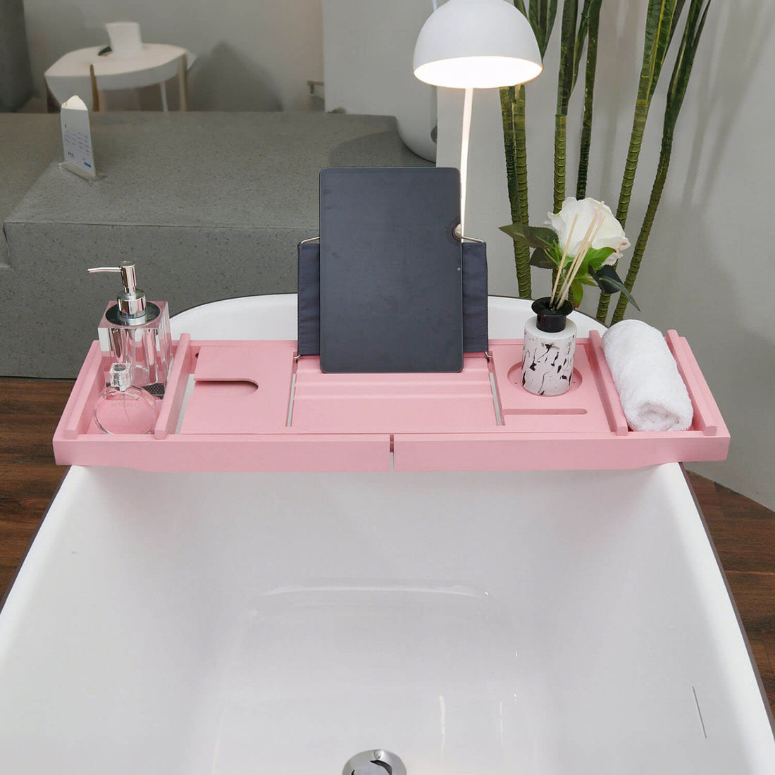 front view of Mokleba Pink Bamboo Bathtub Caddy Tray with Soap Tray Tablet Holder