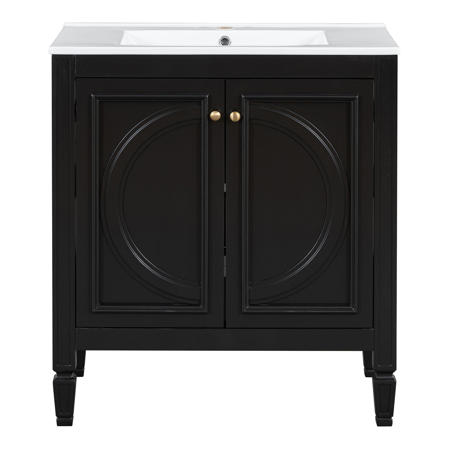 front view of black vanity with two doors