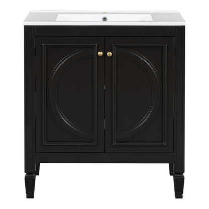 front view of black vanity with two doors