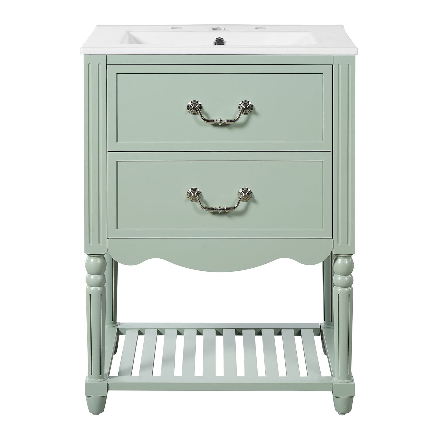 front view of green bathroom vanity with wave panel detail