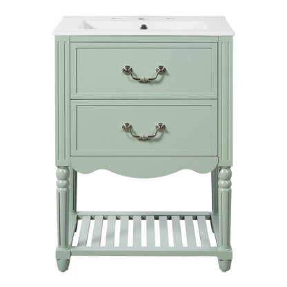 front view of green bathroom vanity with wave panel detail