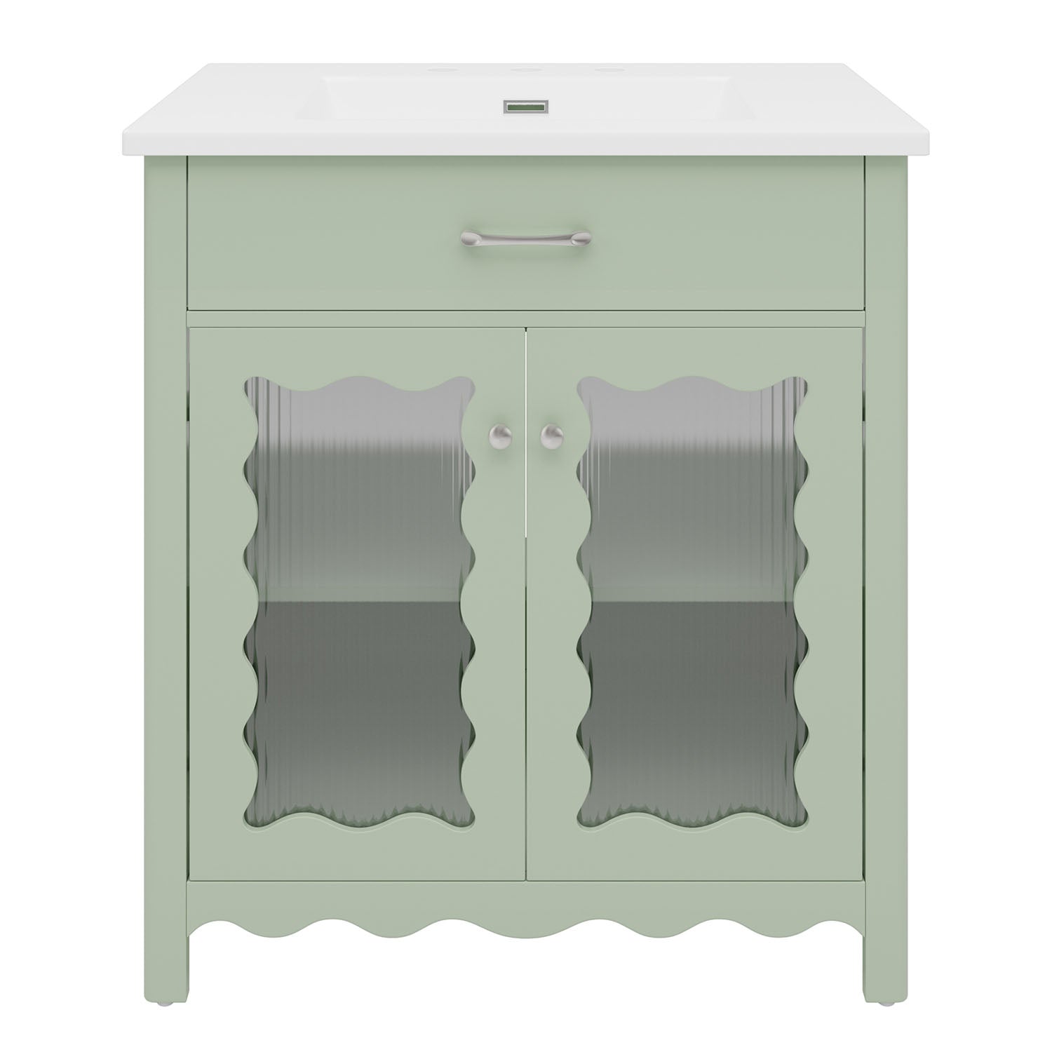 front view of sage green vanity with glass doors and ceramic sink
