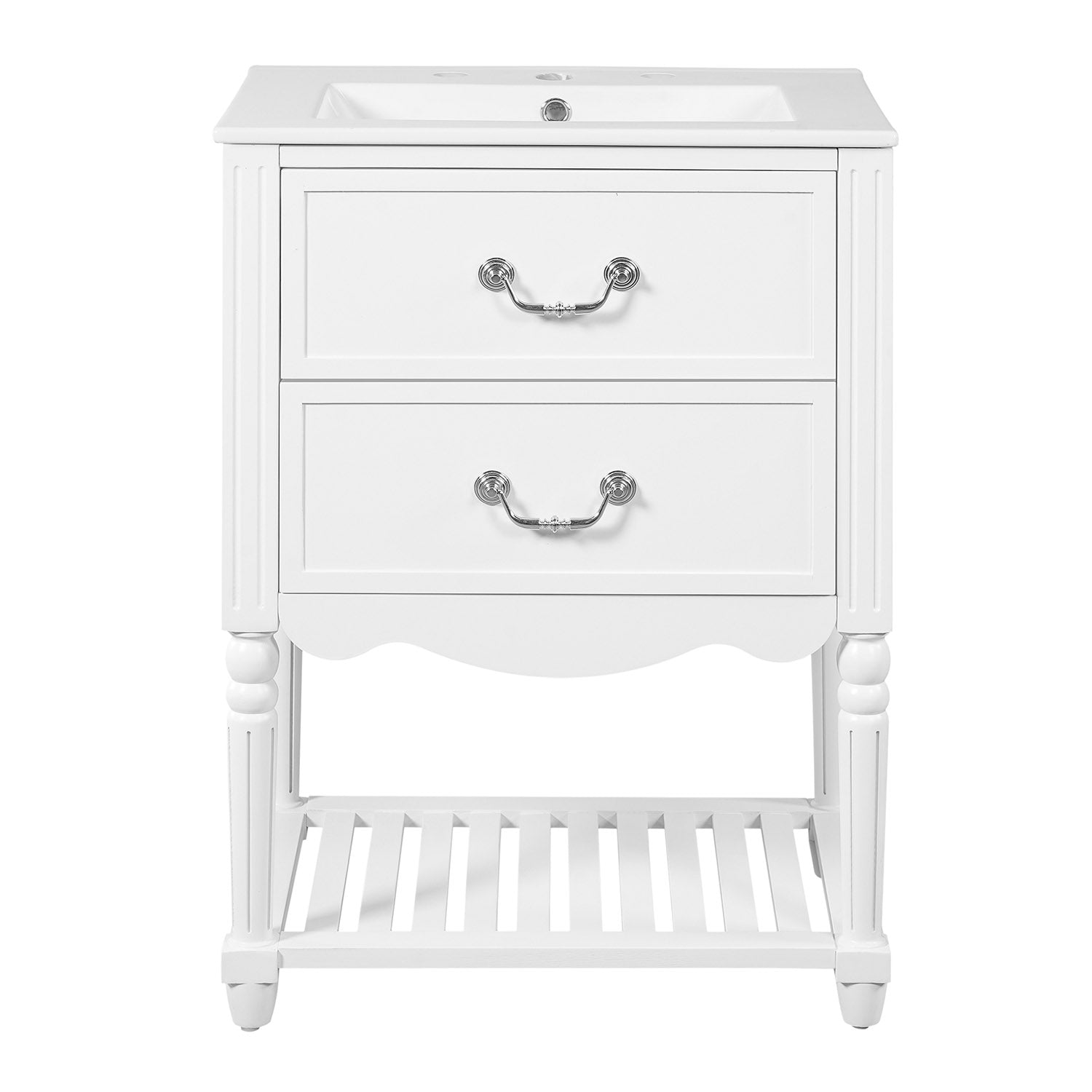 front view of vanity cabinet with open shelf