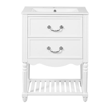 front view of vanity cabinet with open shelf