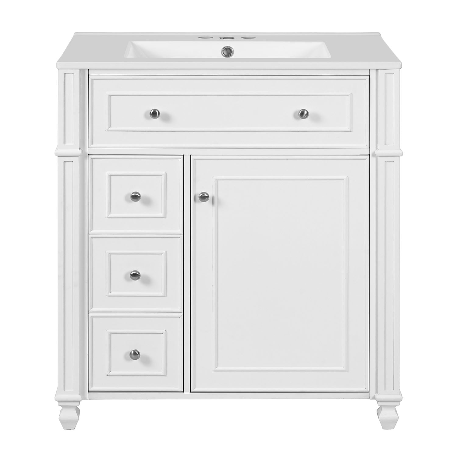 front view of white bathroom vanity with stripe carvings and vintage knobs