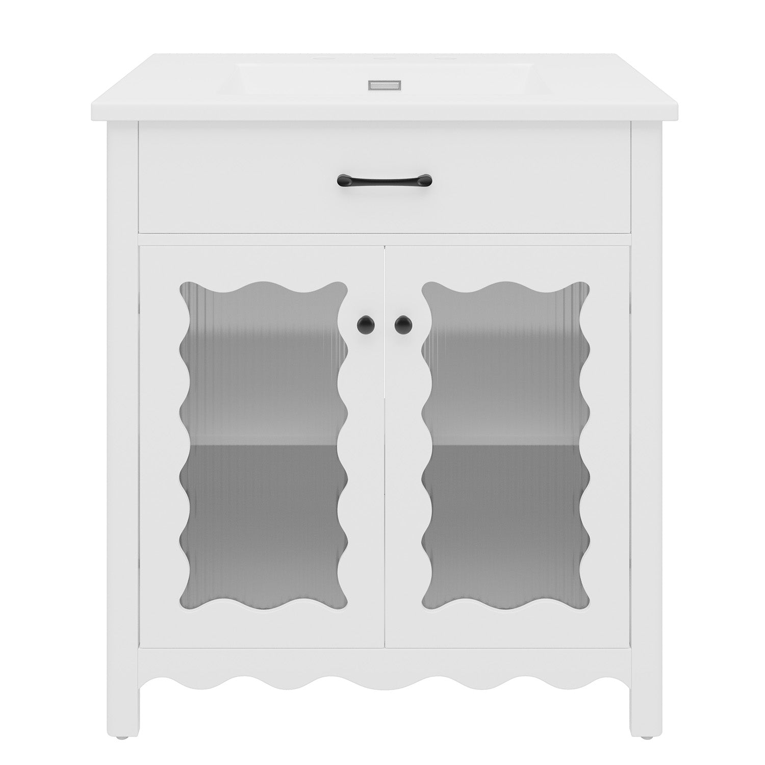 front view of white vanity with glass doors and ceramic sink