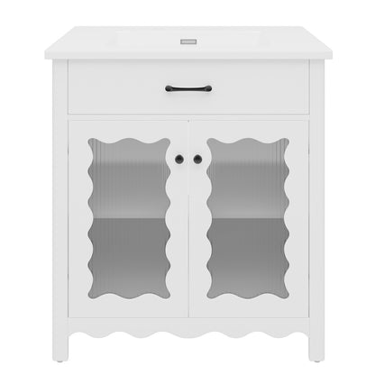 front view of white vanity with glass doors and ceramic sink