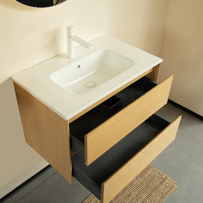 fully assembled bathroom vanity with smooth ceramic basin