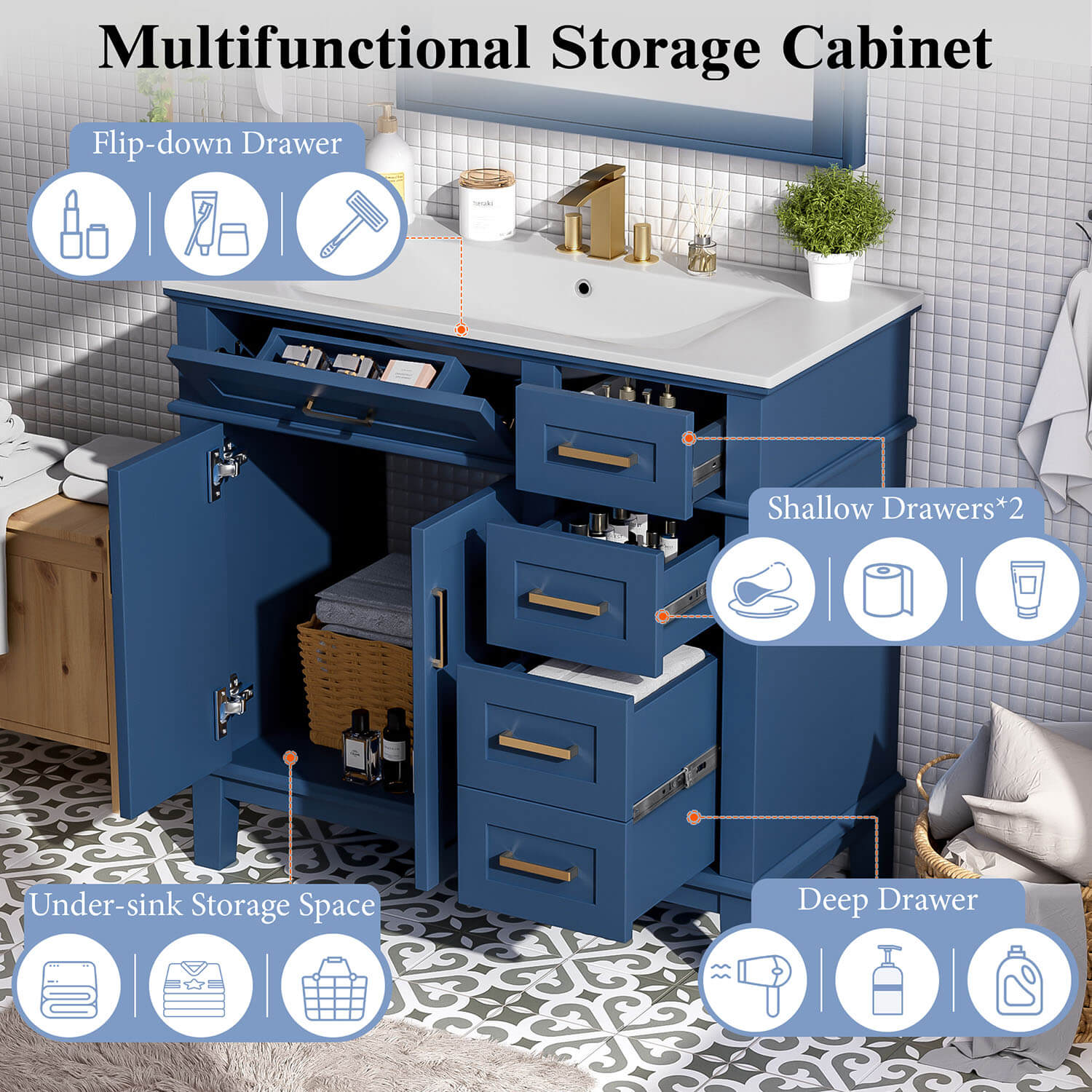 91 cm Marineblau Massivholz-Badezimmerwaschtisch mit Keramikspülbecken