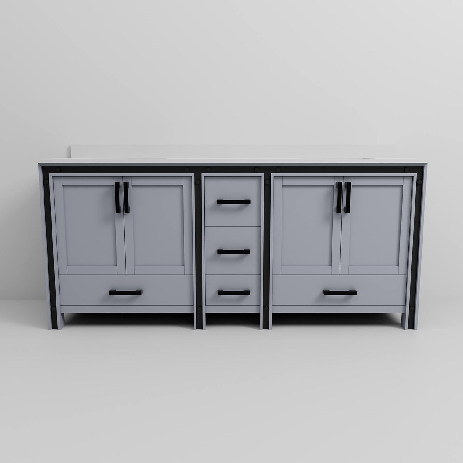 gray bathroom vanity with ample storage for family use