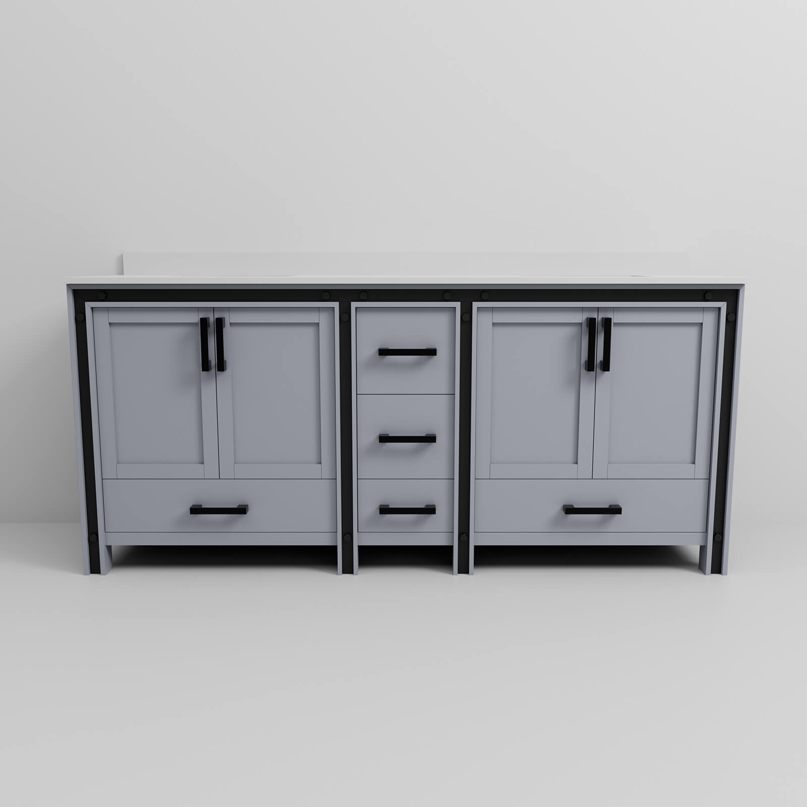 gray bathroom vanity with ample storage for family use
