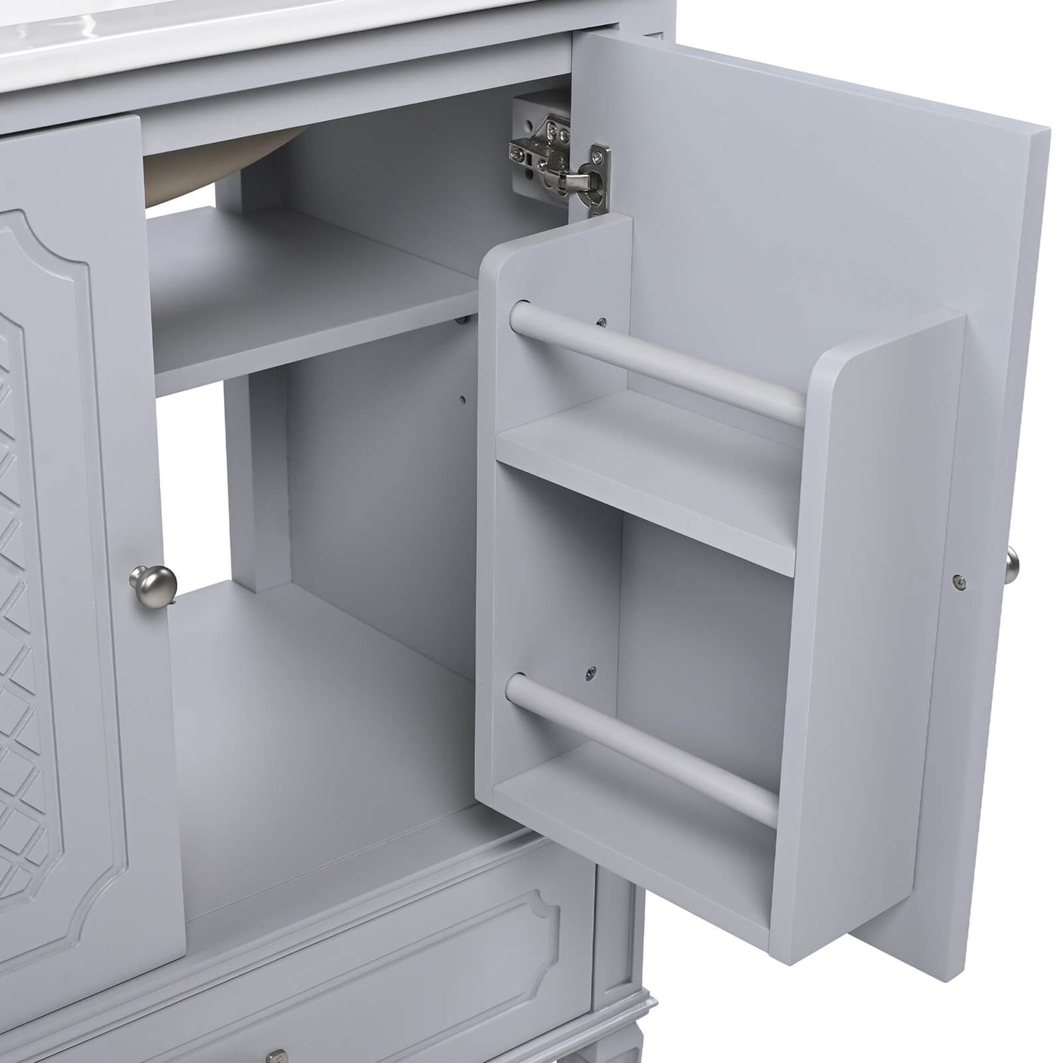 gray vanity cabinet with adjustable shelves and storage drawer