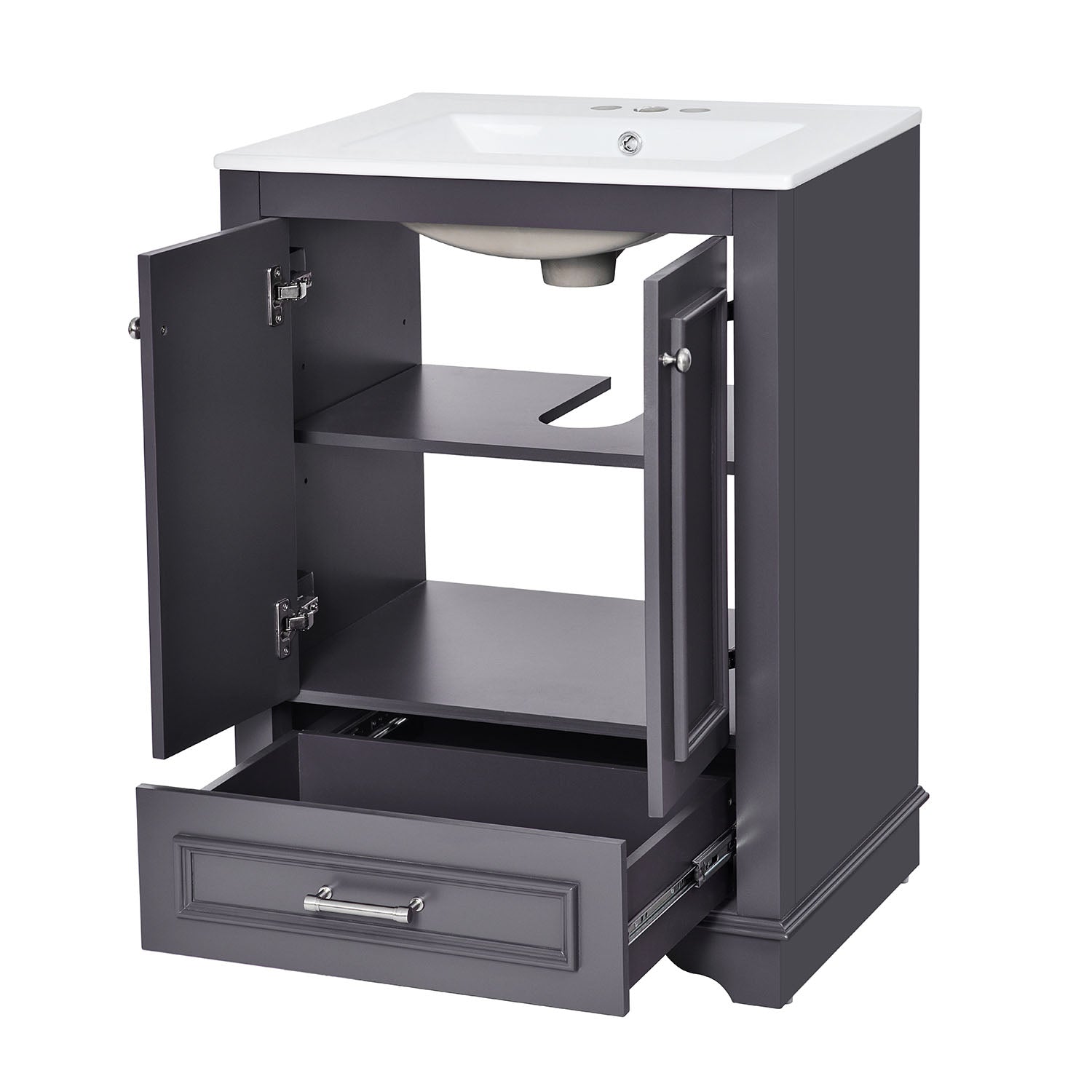 gray vanity for small or medium bathrooms with functional storage space