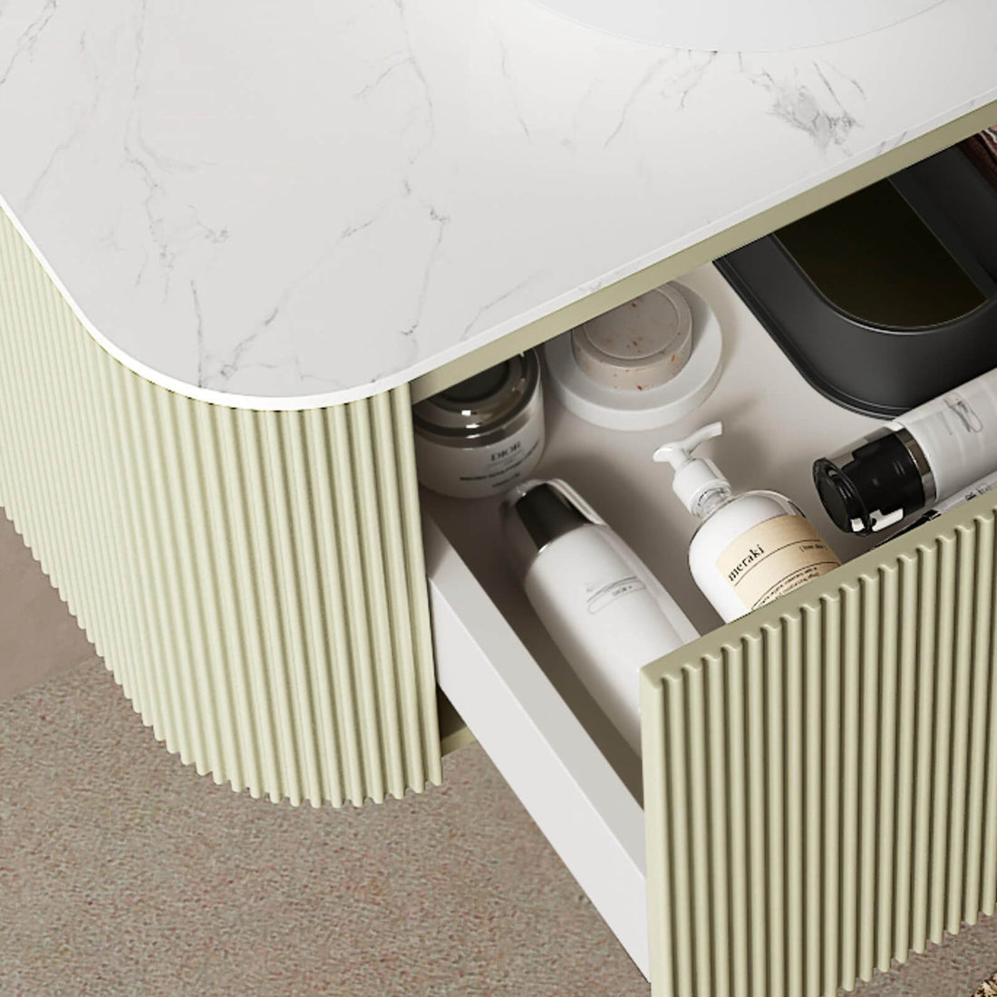green bathroom vanity with vessel sink and soft close drawers