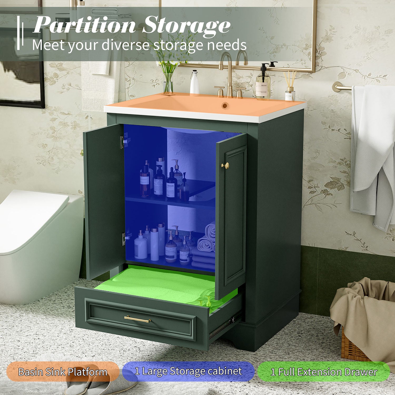 green bathroom vanity with sleek gold handles and ample storage