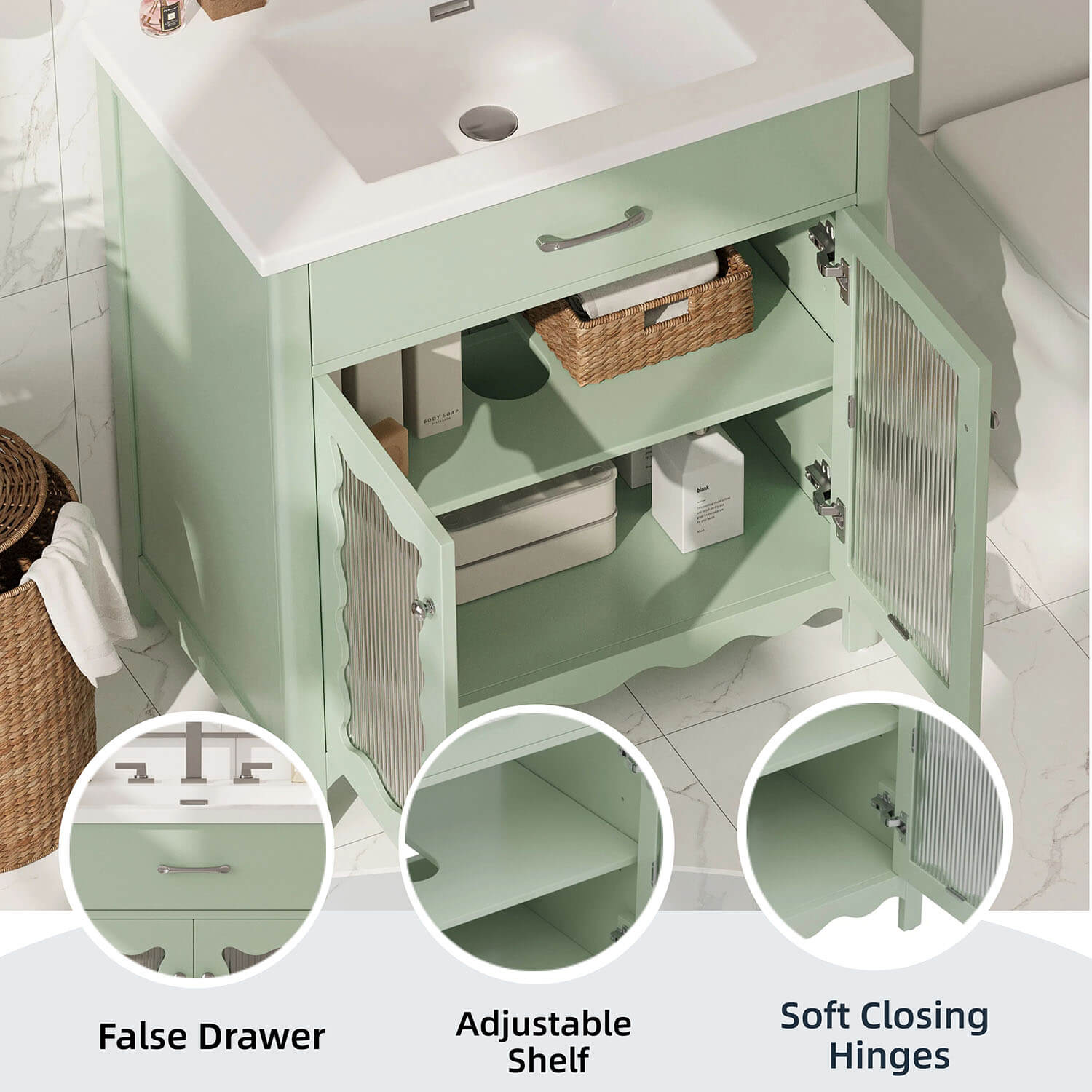green bathroom vanity with soft close doors and adjustable shelves