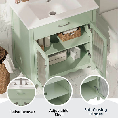 green bathroom vanity with soft close doors and adjustable shelves