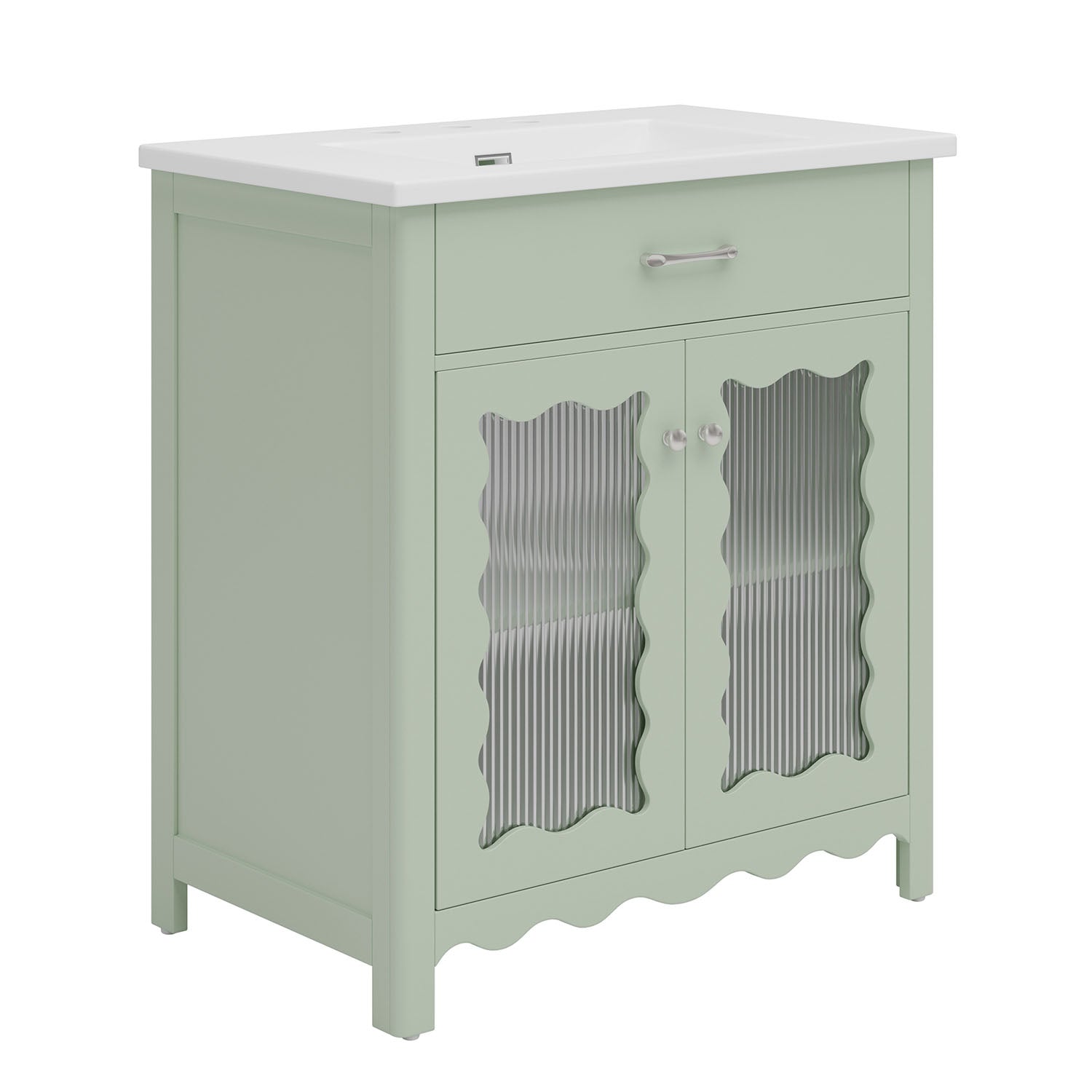 green bathroom vanity with tempered glass doors
