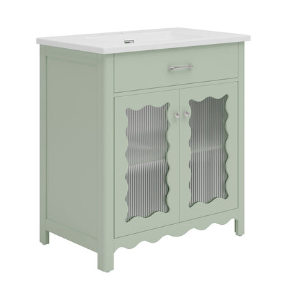 green bathroom vanity with tempered glass doors