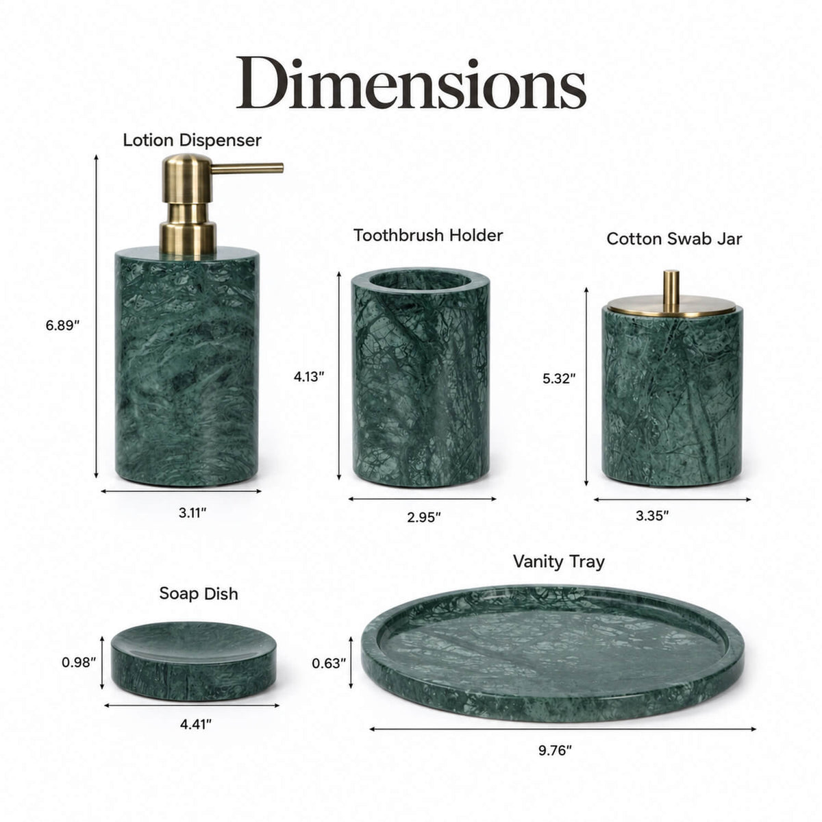 5-Piece Emerald Green Marble Bathroom Accessory Set with Round Vanity Tray, Gold Accents