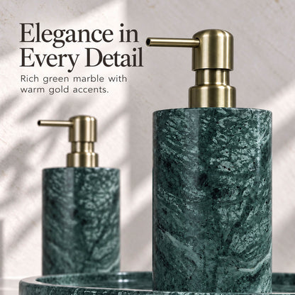 5-Piece Emerald Green Marble Bathroom Accessory Set with Round Vanity Tray, Gold Accents