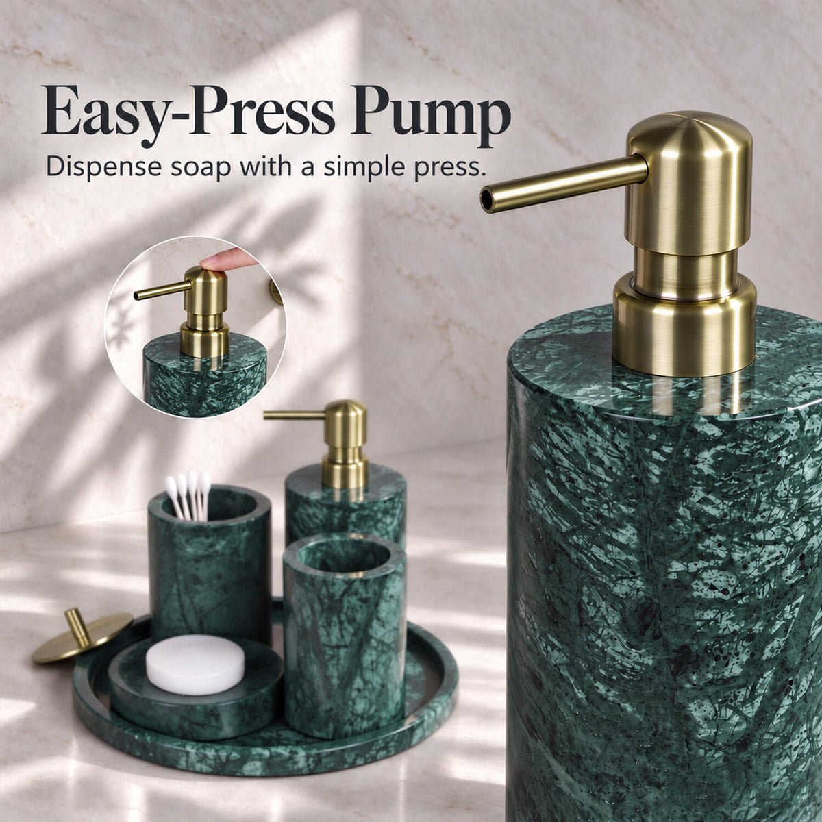 5-Piece Emerald Green Marble Bathroom Accessory Set with Round Vanity Tray, Gold Accents