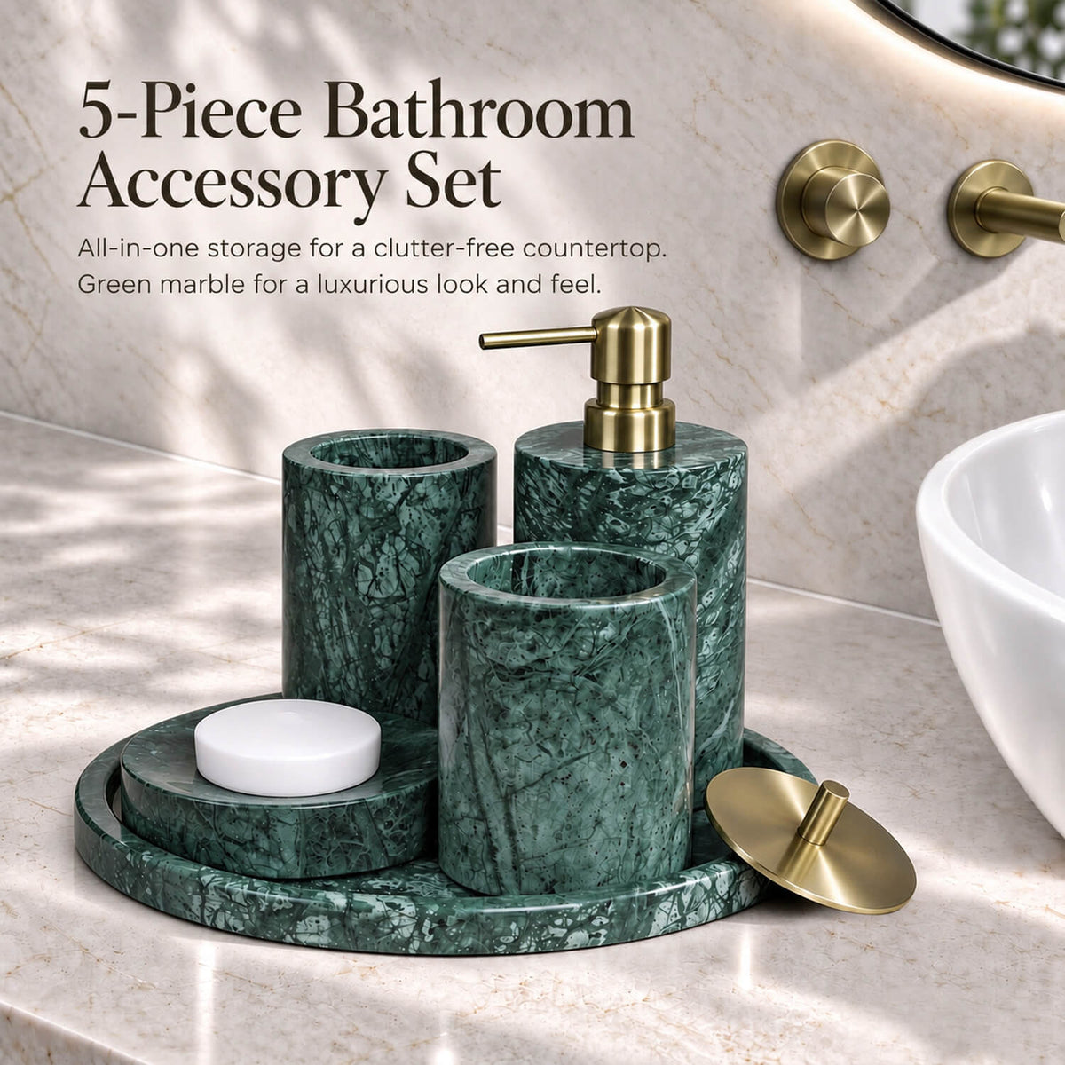 5-Piece Emerald Green Marble Bathroom Accessory Set with Round Vanity Tray, Gold Accents