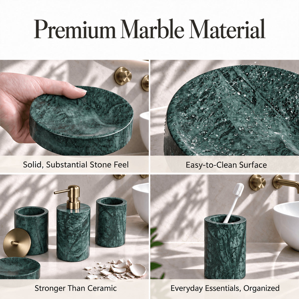 5-Piece Emerald Green Marble Bathroom Accessory Set with Round Vanity Tray, Gold Accents